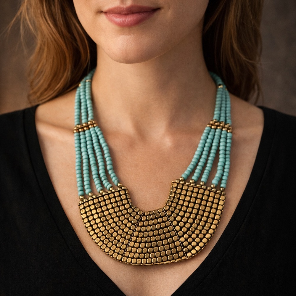Vintage Tribal/Egyptian Gold-tone and Turquoise Beaded Necklace